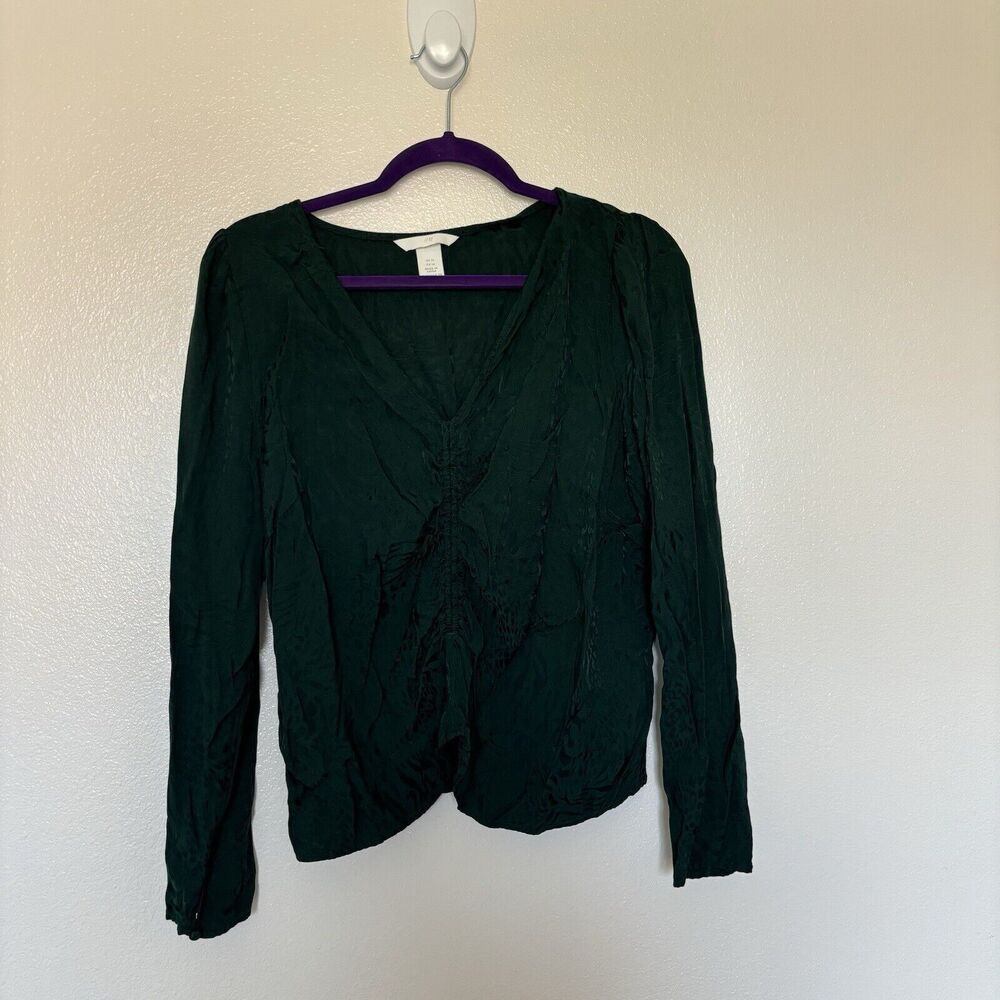 h&m womens plunge top dark green mix cheetah silky light scrunched Size US 14